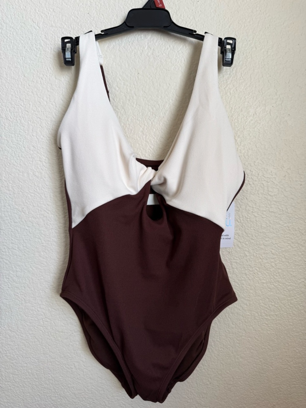 Time and Tru Cream & Brown Twist-Front One-Piece Swimsuit